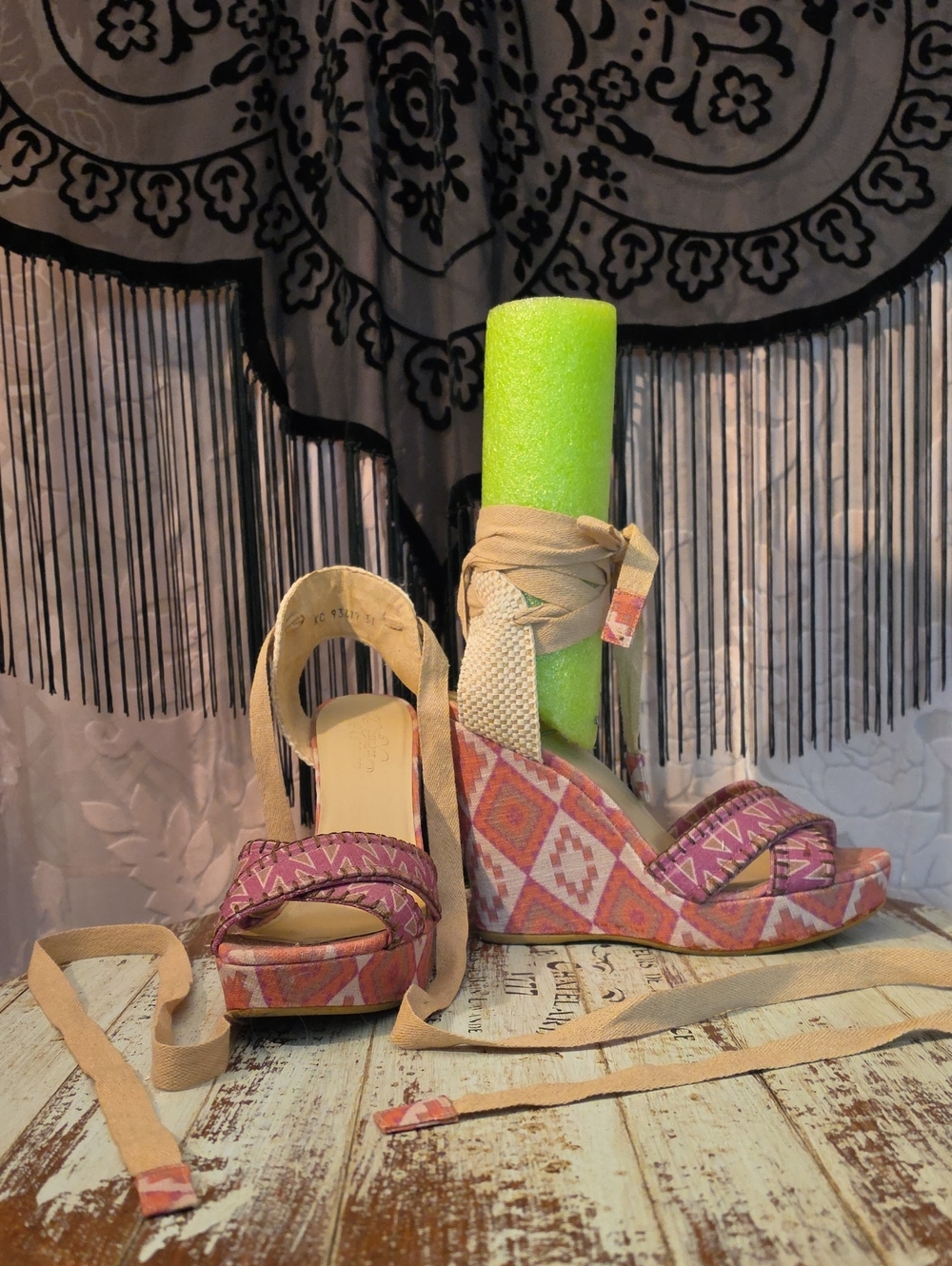 Stuart Weitzman Pink Aztec Pattern Wedge Sandals with Ankle Wrap